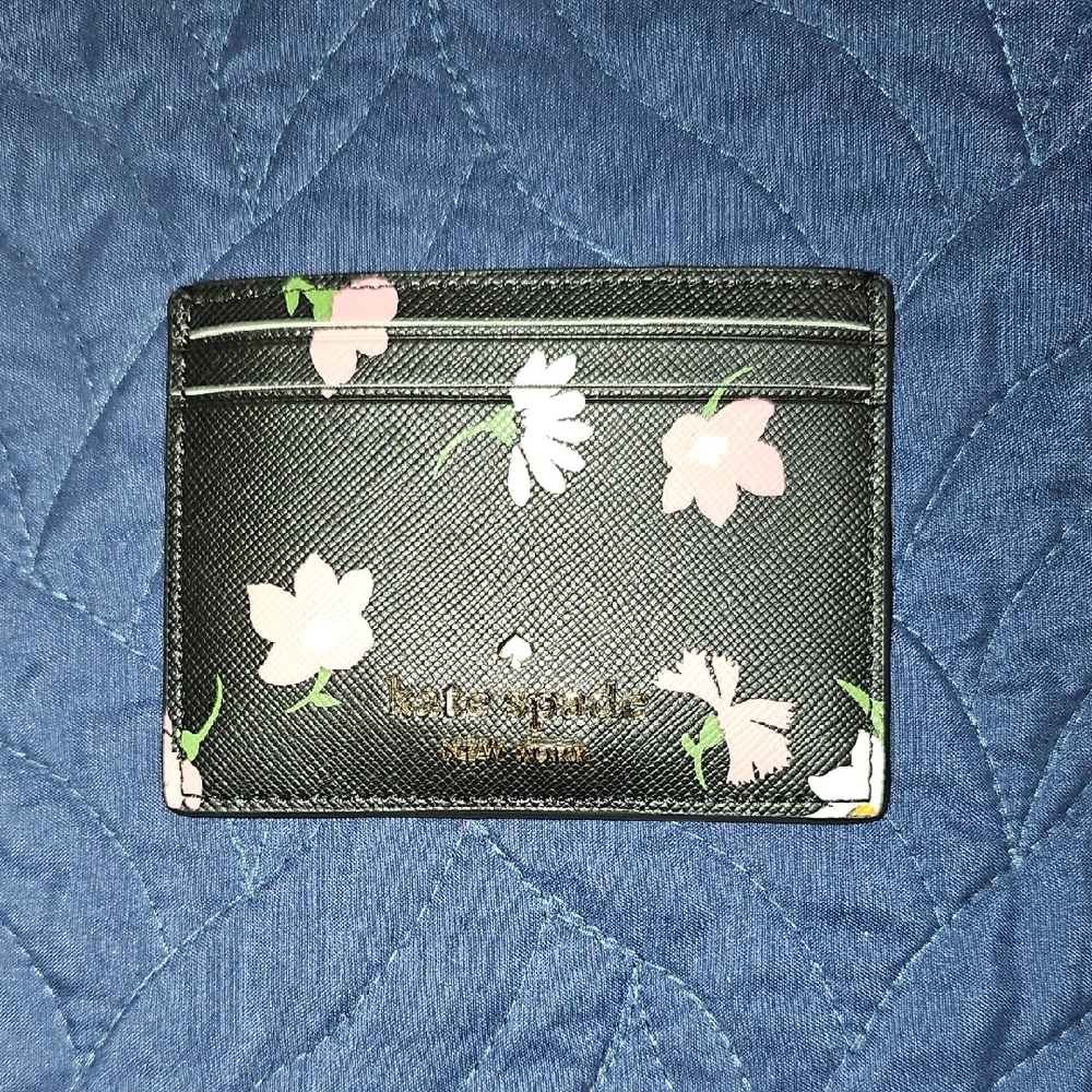 Kate Spade Madison Black Card Holder Floral Design With Price Tag & Dust Bag